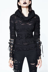 Chemise punk pour femme à capuche noire déchirée avec doigts couverts, empiècement en maille, boucle en cuir et laçage